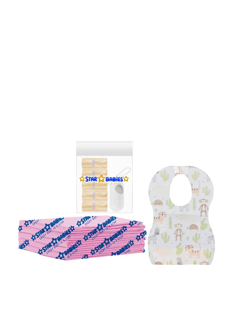 ستار بيبيز Star Babies Disposable Combo pack (Changing Mat 5pcs, Bibs 5pcs, Scented Bag w/dispenser)-Pink/ivory